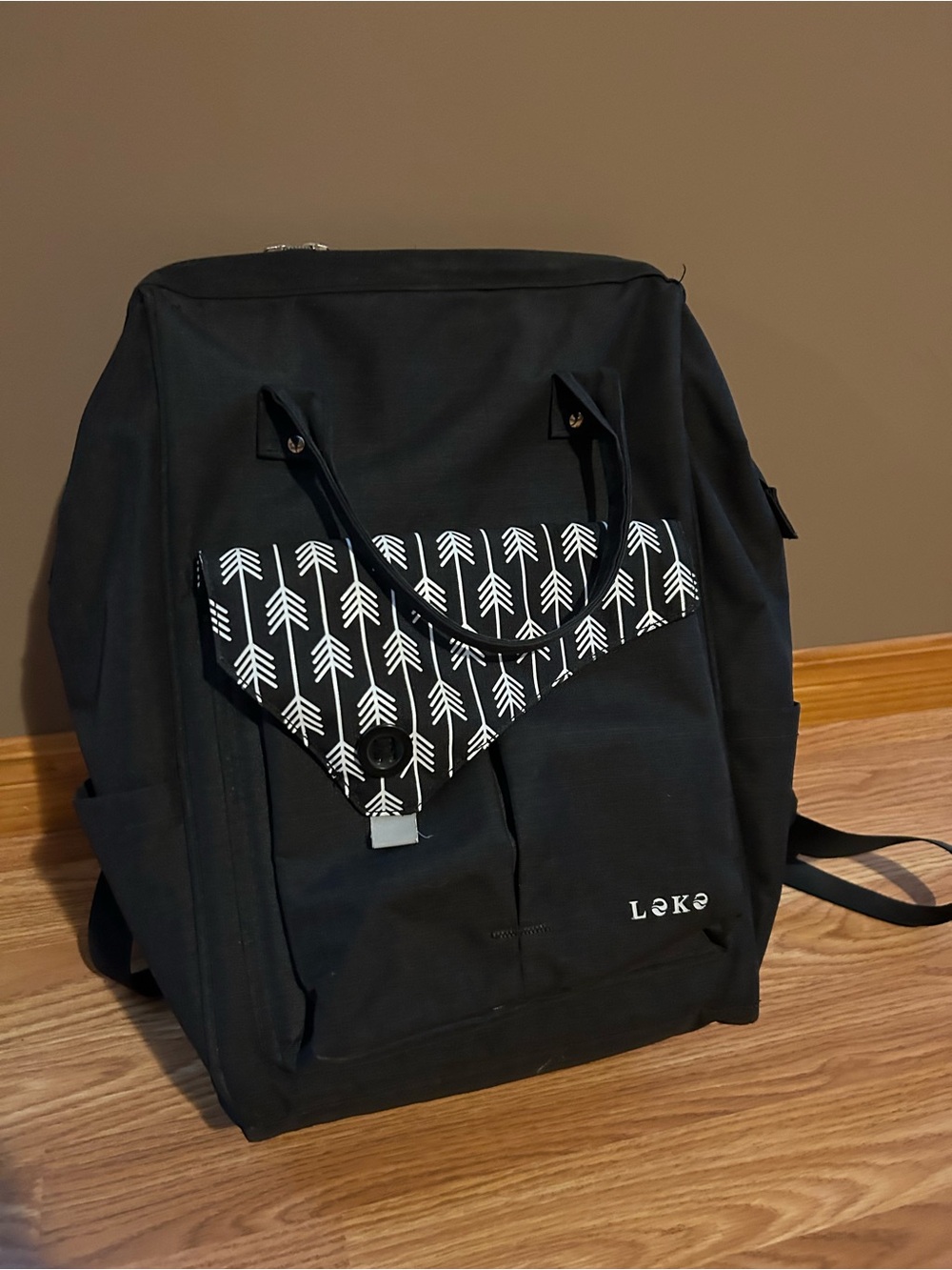 Black Laptop Backpack with Arrow-Print Flap